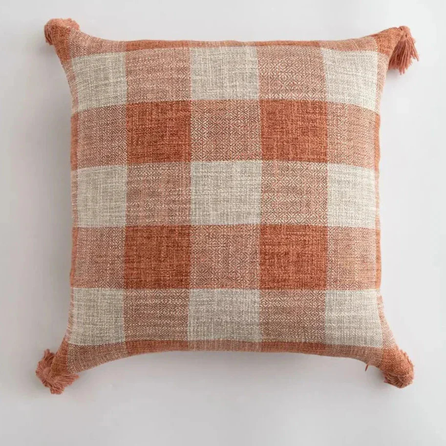 Cushion Cover with Check Pattern and Fringes – Decorative Linen Pillowcase for Living Room