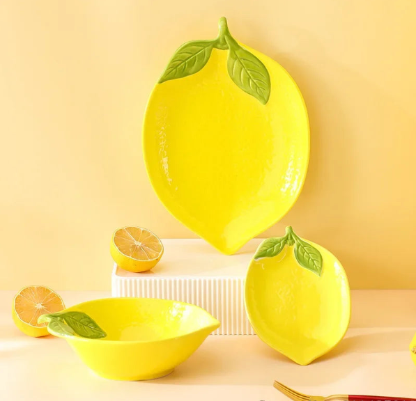 Lemon-Shaped Ceramic Dinnerware Set, Decorative Serving Bowls and Plates for the Dining Table