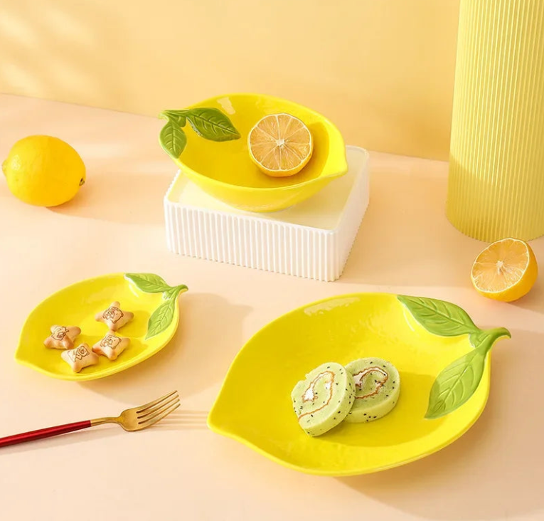 Lemon-Shaped Ceramic Dinnerware Set, Decorative Serving Bowls and Plates for the Dining Table