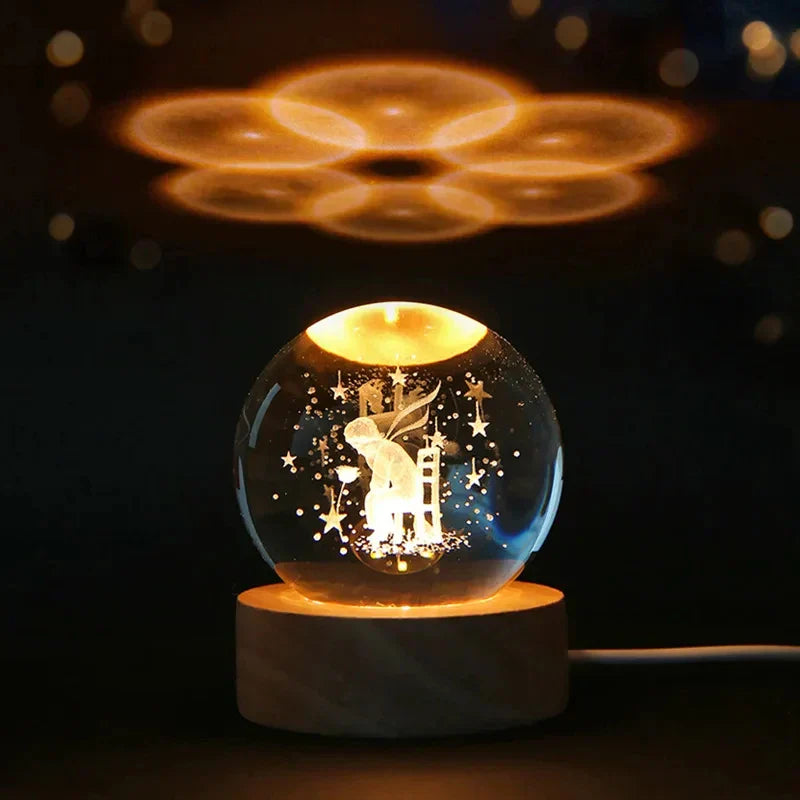 3D Crystal Night Light LED - Starry Sky Projector with Wooden Base, Romantic Lighting for Bedroom & Gifts