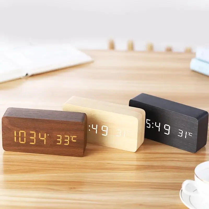 Digital LED Wooden Clock with Temperature Display, Alarm Function, and Modern Design – Perfect for Bedroom or Office, Energy-Saving and Stylish