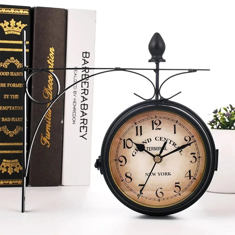 Vintage Double-Sided Wall Clock – Retro Iron Wall Clock for Living Room or Hallway