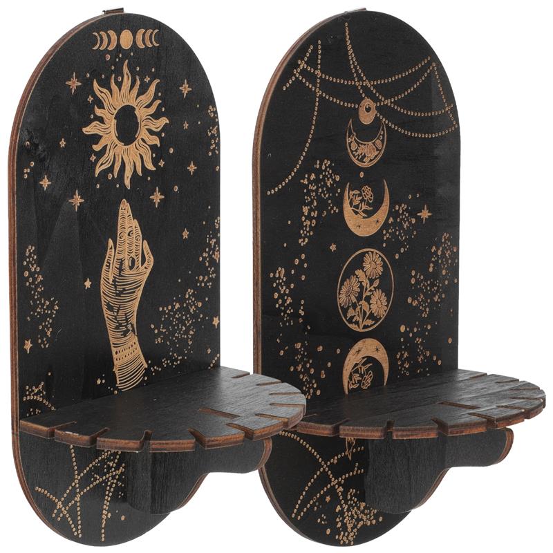 Mystical Wall Shelf Duo with Sun Symbols and Moon Phases for Crystals and Decor