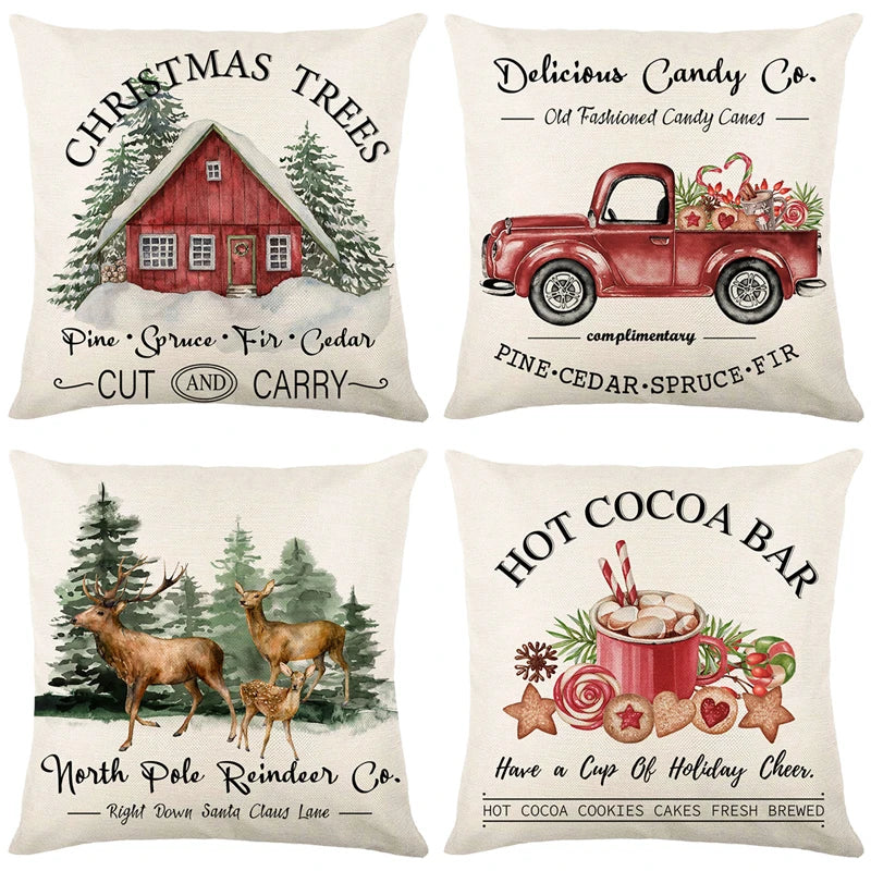 Christmas Cushion Covers 45x45 cm – Winter Decorative Pillow Cases for Sofa and Living Room, High-Quality Cotton, Christmas Design with Snowy Landscape