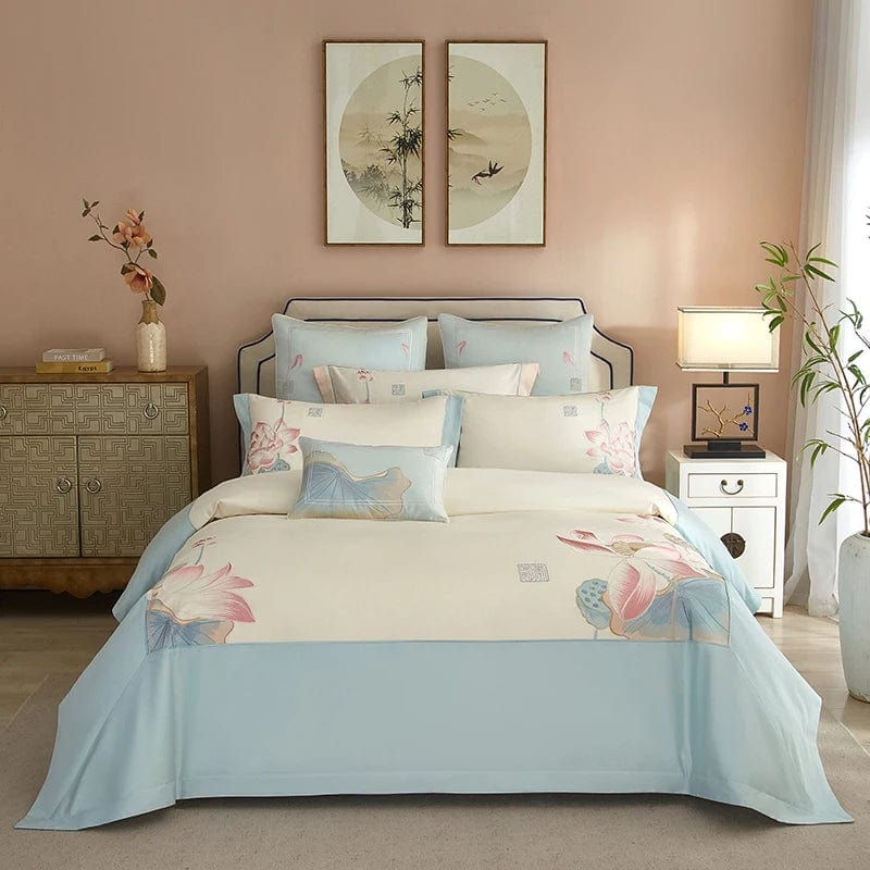 Luxurious Bedding Set Made of Egyptian Cotton in Soft Blue with Lotus Design