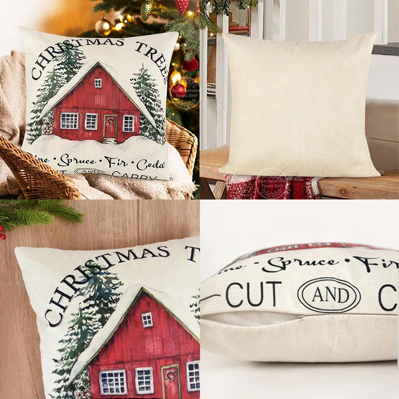 Christmas Cushion Covers 45x45 cm – Winter Decorative Pillow Cases for Sofa and Living Room, High-Quality Cotton, Christmas Design with Snowy Landscape