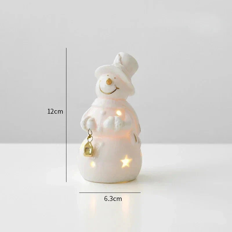 Ceramic Snowman Figurine with LED Lighting – Elegant Christmas Decoration for Windowsill, Living Room, and Festive Decor