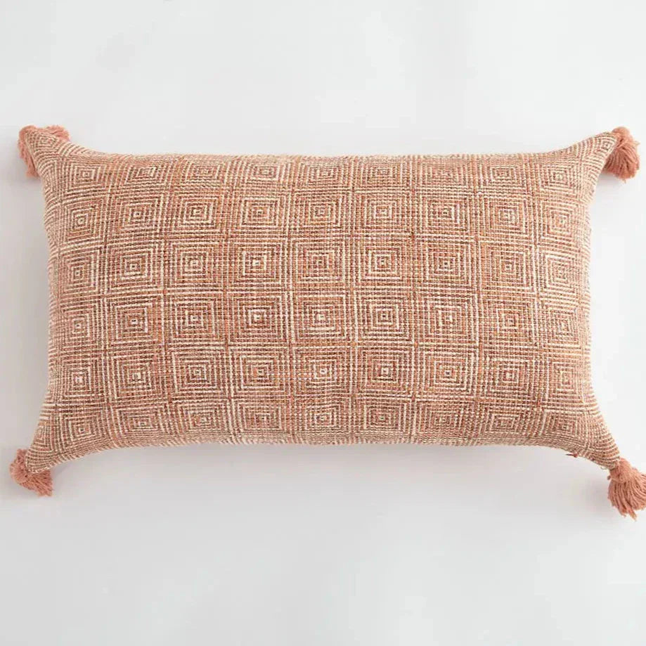 Cushion Cover with Check Pattern and Fringes – Decorative Linen Pillowcase for Living Room