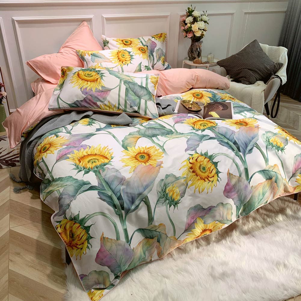 Luxurious Bedding Set Made of 100% Egyptian Cotton with Sunflower Pattern – Soft, Breathable, and Durable