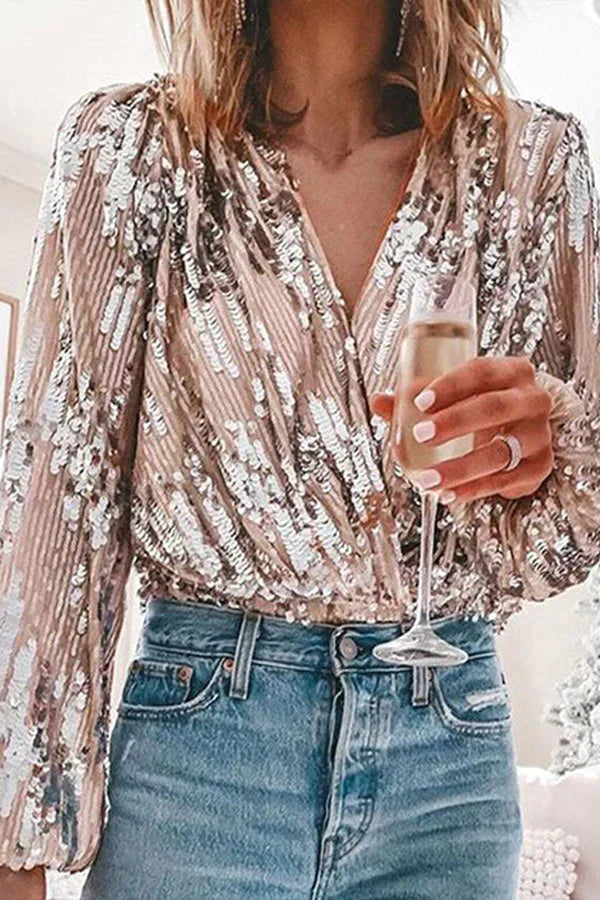 Women's Sequin V Neck Blouse | New Year