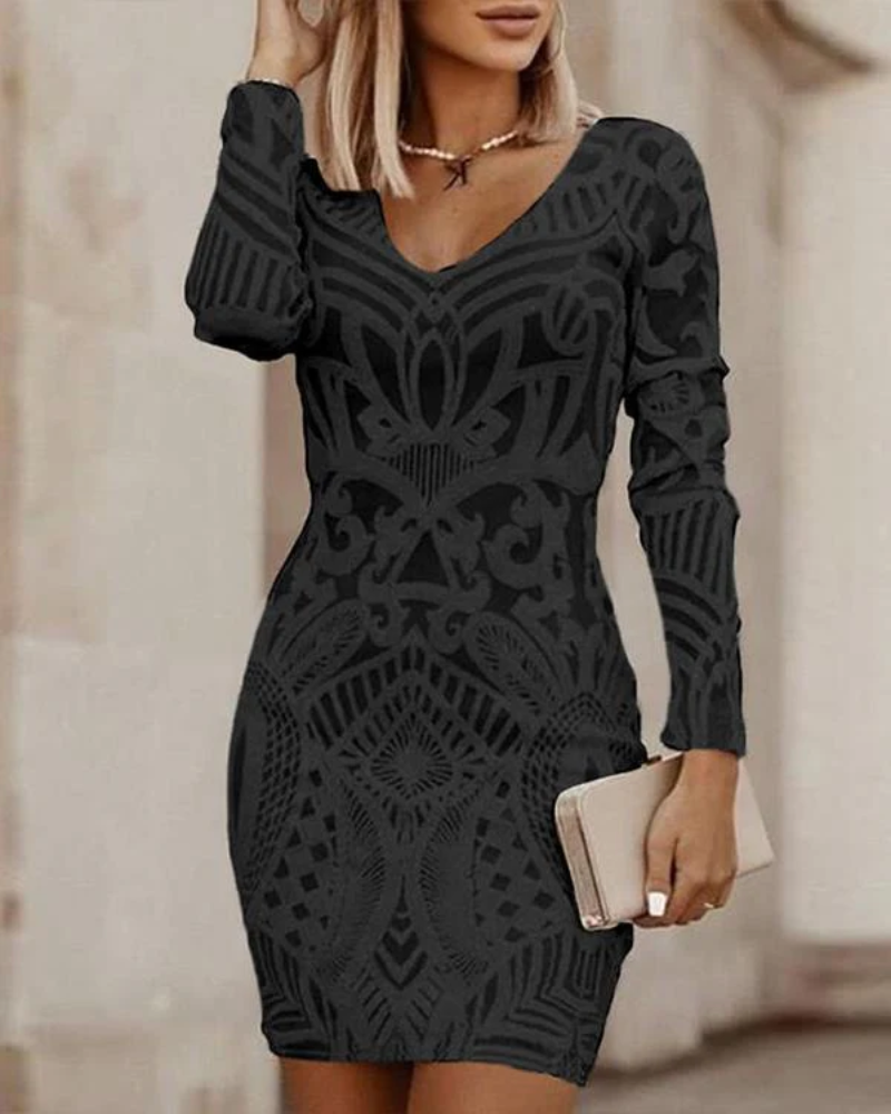 Women's V Neck Long Sleeve Knitted Dress | Mini