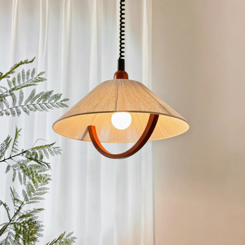 Vintage Pendant Light Made of Fabric and Wood, Height Adjustable, Ideal for Dining Room or Living Room