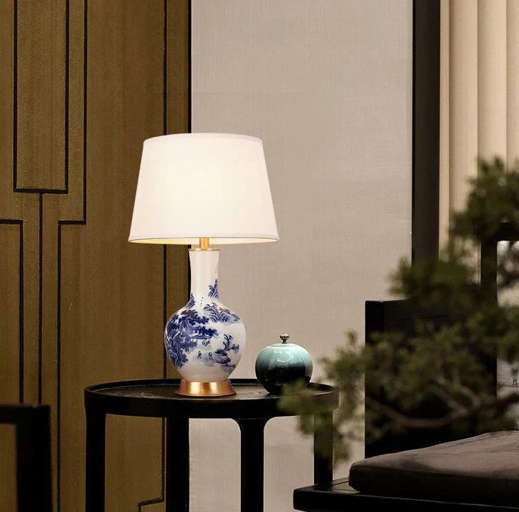 Ceramic Table Lamp in Chinoiserie Style - Classic Desk Lamp with Fabric Shade, Elegant Lighting for Living Room & Bedroom