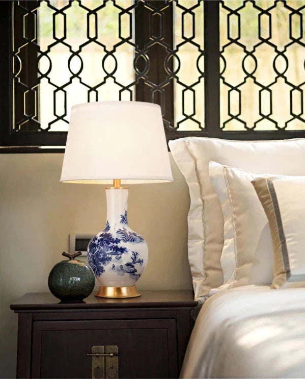 Ceramic Table Lamp in Chinoiserie Style - Classic Desk Lamp with Fabric Shade, Elegant Lighting for Living Room & Bedroom