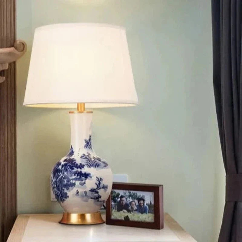 Ceramic Table Lamp in Chinoiserie Style - Classic Desk Lamp with Fabric Shade, Elegant Lighting for Living Room & Bedroom