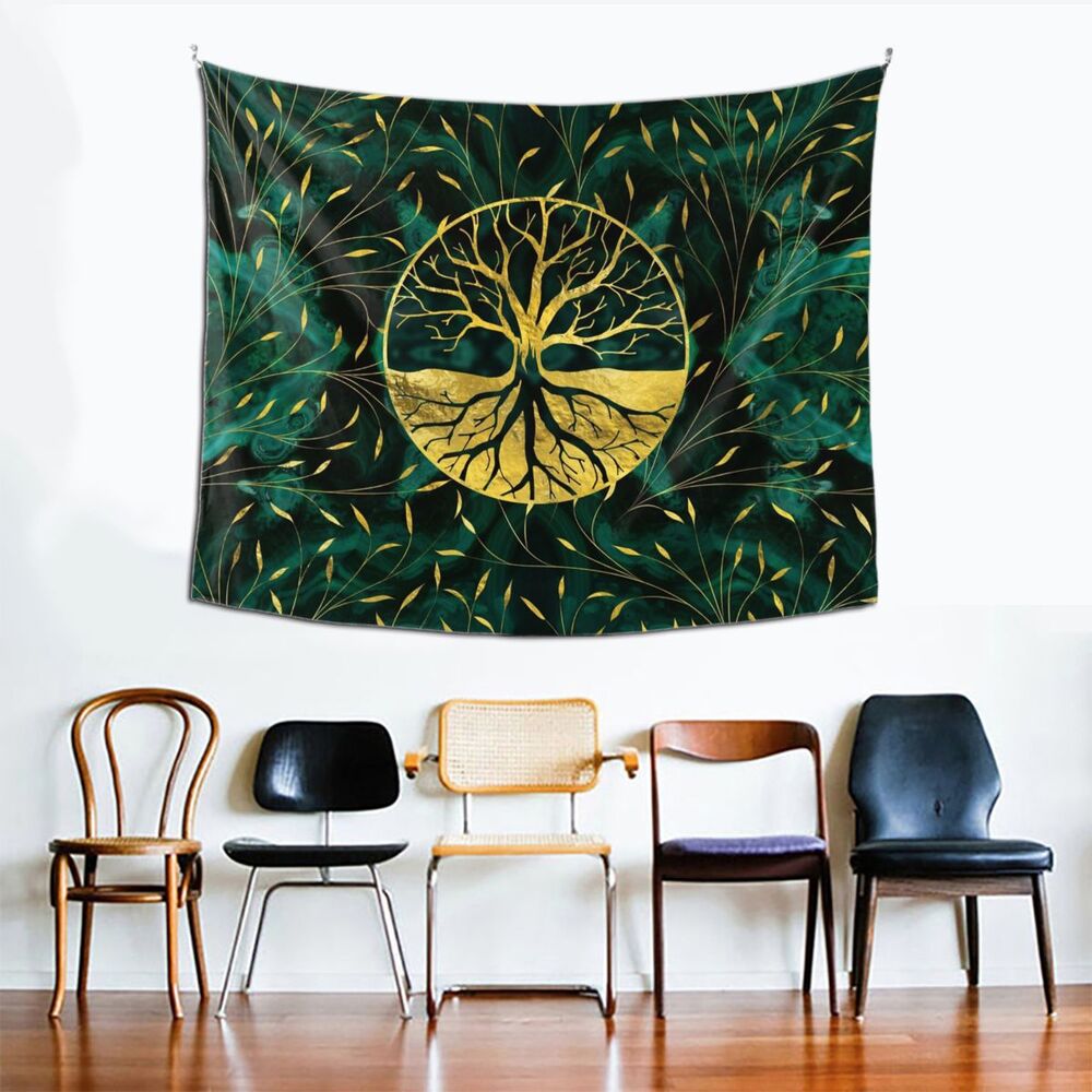 Golden Tree of Life Tapestry with Malachite Design – Boho Wall Decoration for Living Room and Bedroom