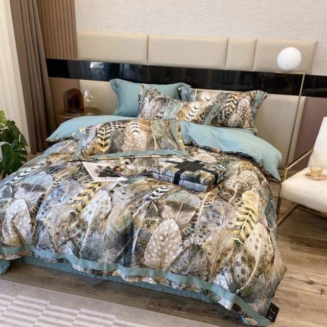 Luxurious Bedding Set with Feather Design – Soft Cotton and Elegant Print for Stylish Bedrooms