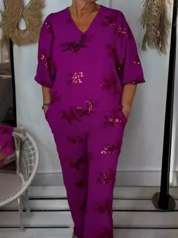 Women’s Two Piece Sequin Top & Pants Set | V Neck