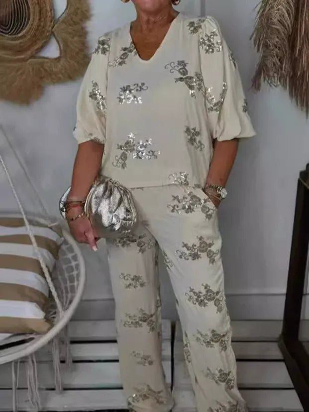 Women’s Two Piece Sequin Top & Pants Set | V Neck