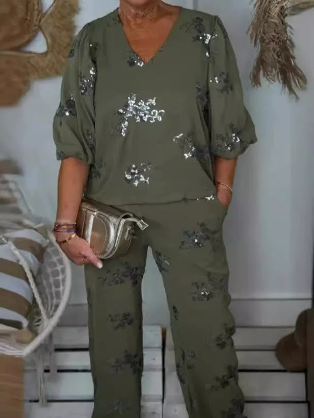 Women’s Two Piece Sequin Top & Pants Set | V Neck