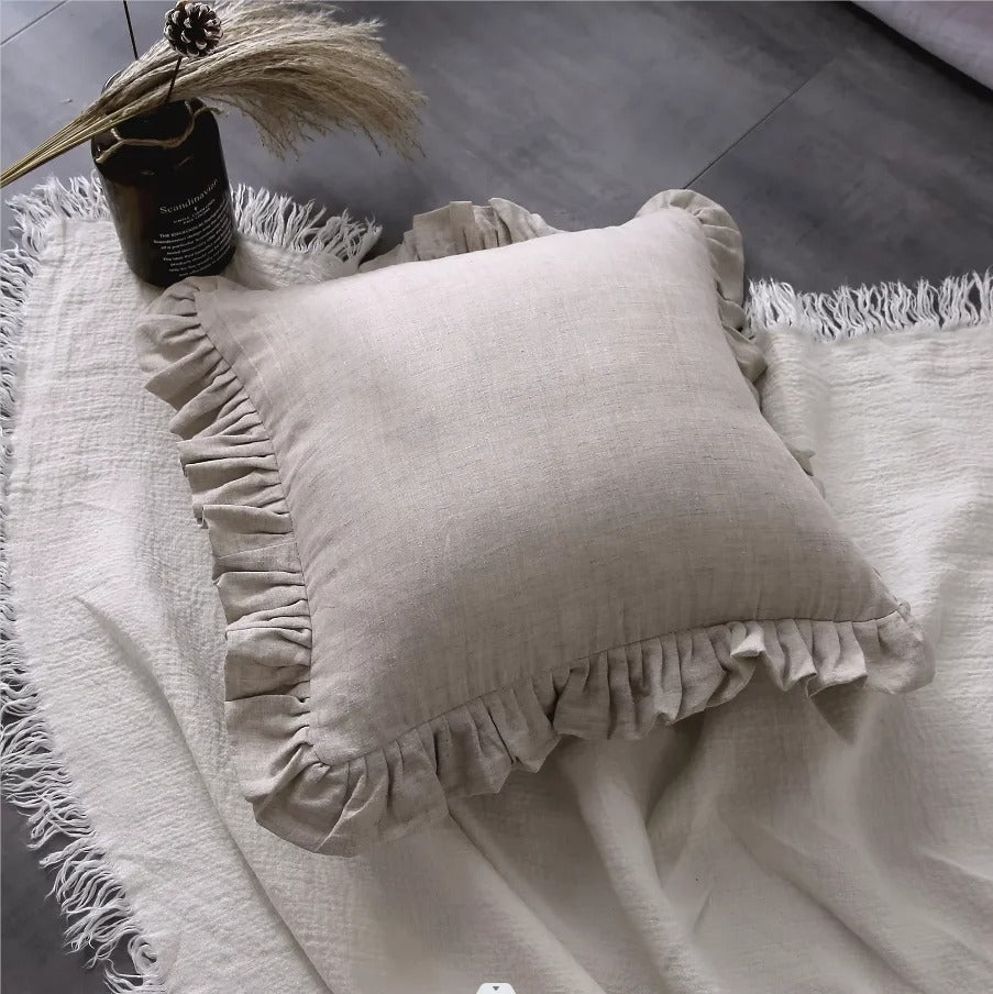 Cushion Cover Made of 100% Pure Linen with Ruffles – Soft and Comfortable Linen Cushion Cover