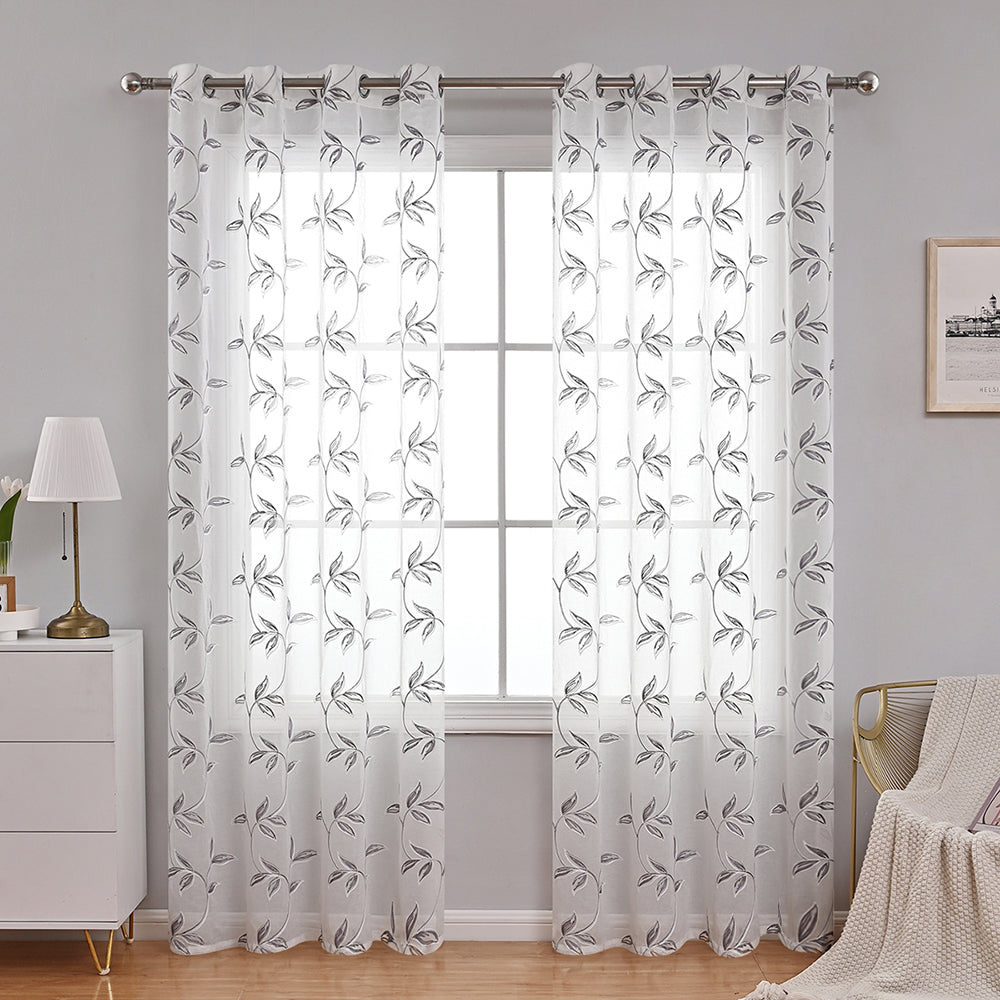 Transparent Polyester Curtains with Floral and Leaf Pattern in White and Gray – Lightweight Drapes for Living Room