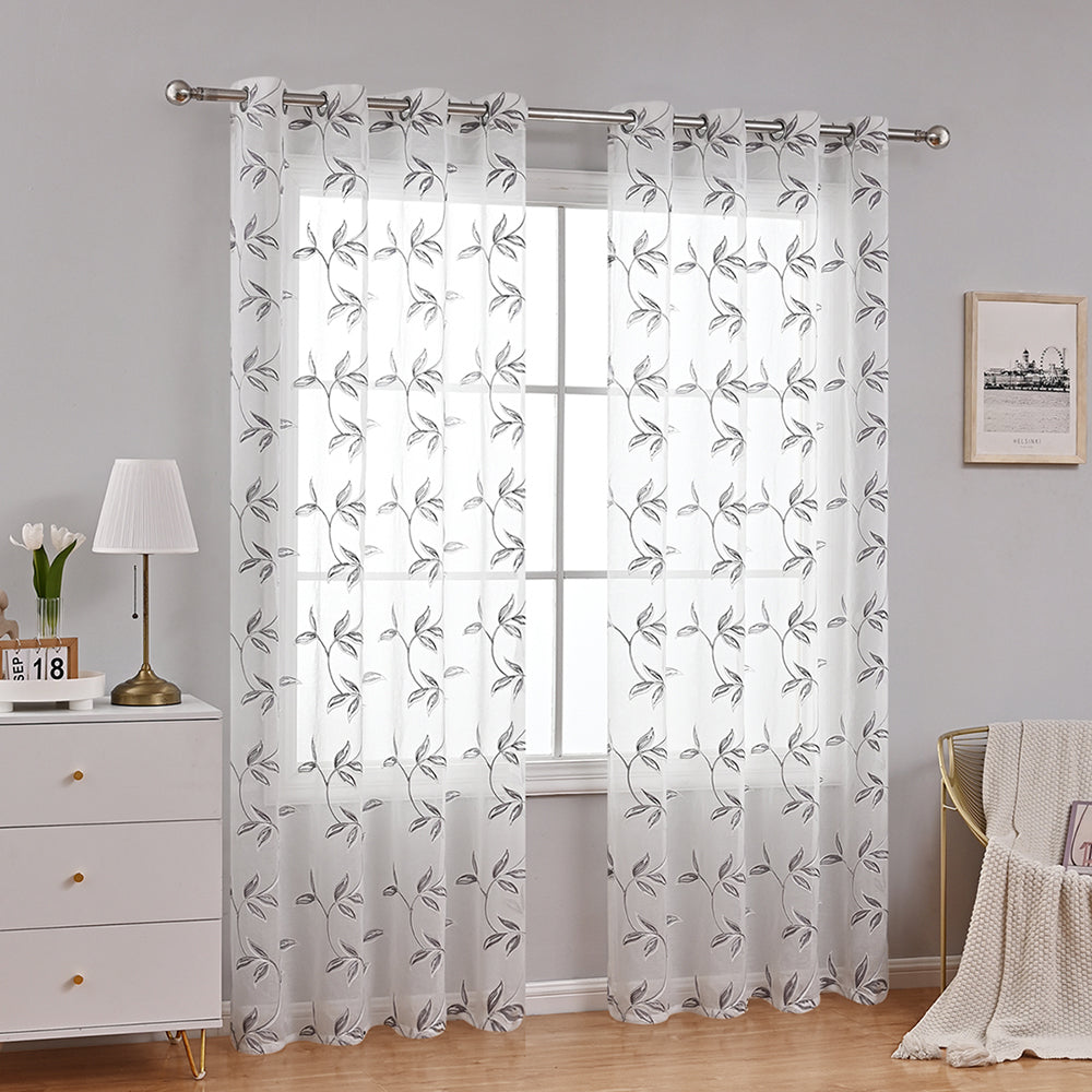 Transparent Polyester Curtains with Floral and Leaf Pattern in White and Gray – Lightweight Drapes for Living Room