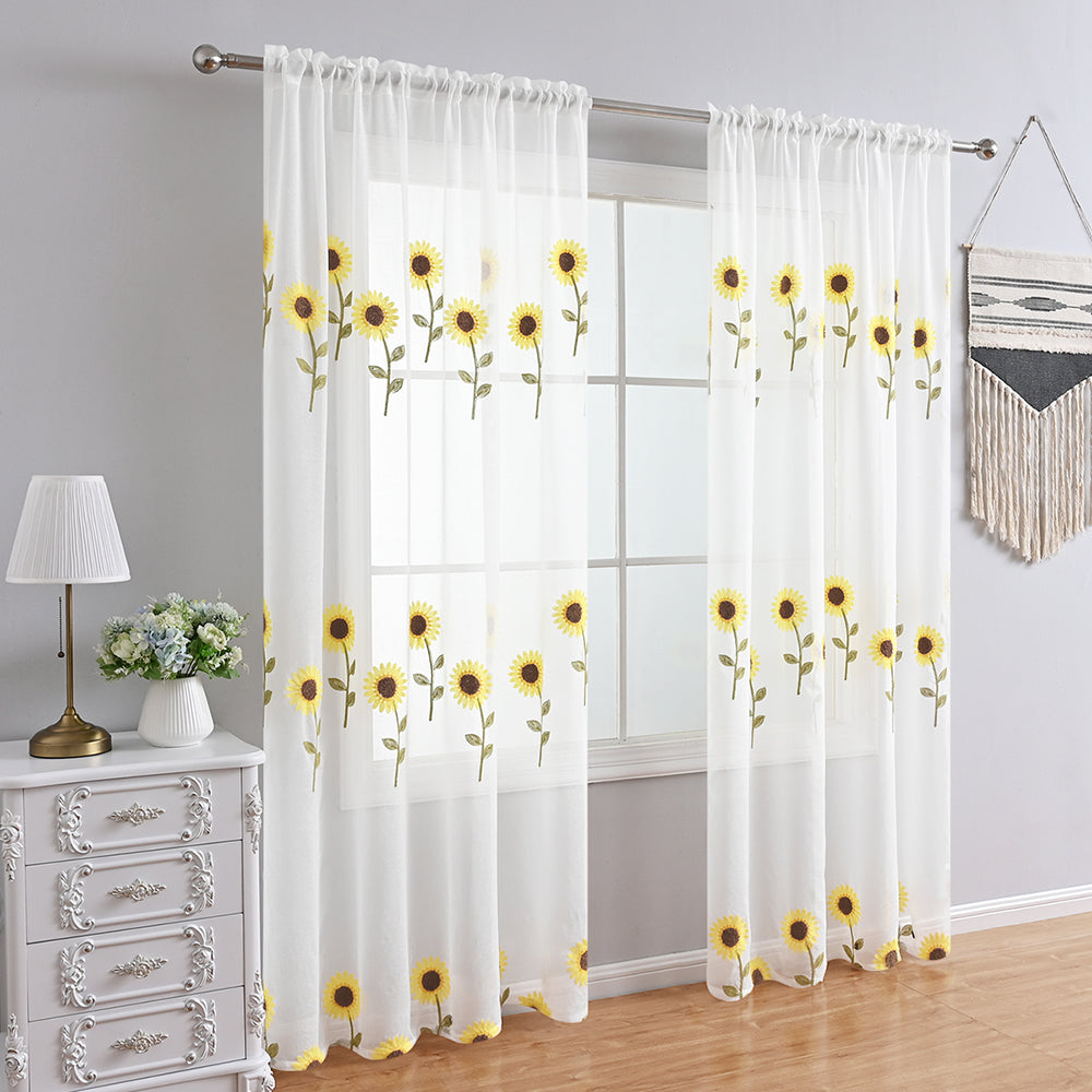 Light White Curtains with Sunflower Pattern – Perfect for Country Style and Boho Decoration