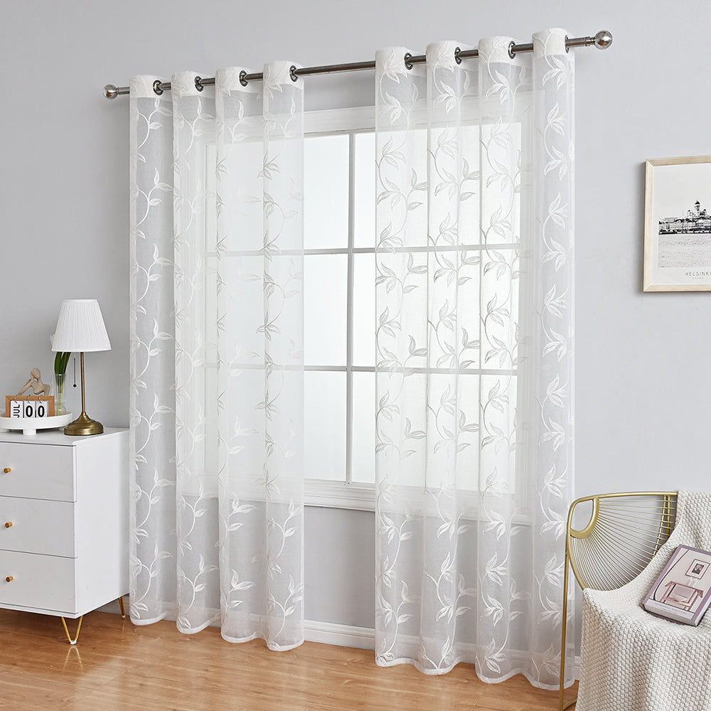 Transparent Polyester Curtains with Floral and Leaf Pattern in White and Gray – Lightweight Drapes for Living Room