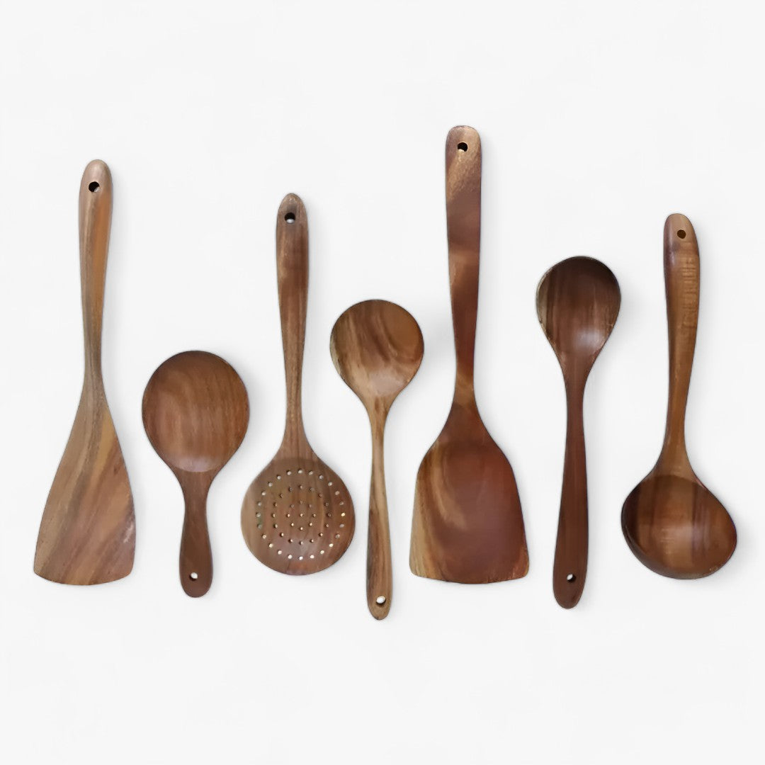 Elegant Teak Wood Kitchen Utensil Set, 7-Piece Natural Luxury Cookware