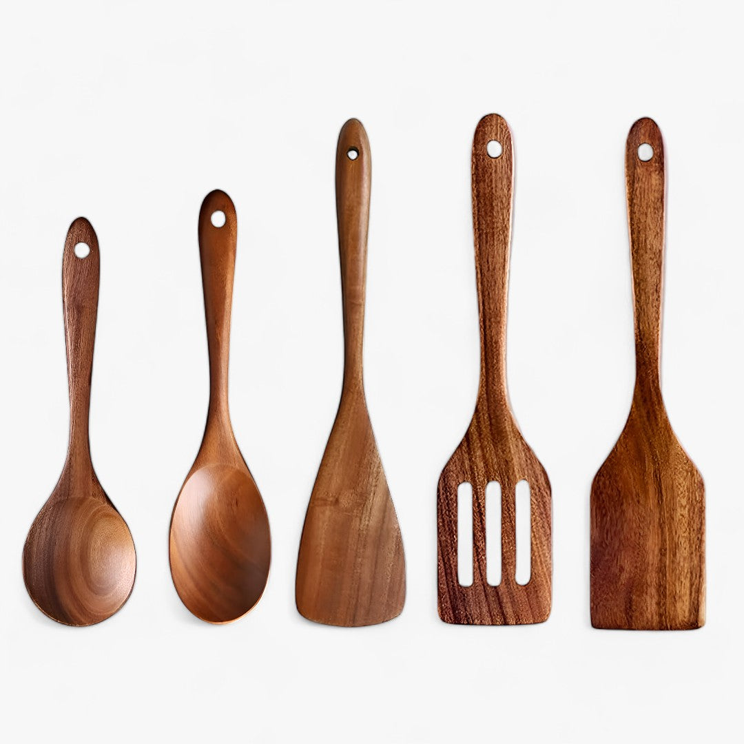 Elegant Teak Wood Kitchen Utensil Set, 7-Piece Natural Luxury Cookware