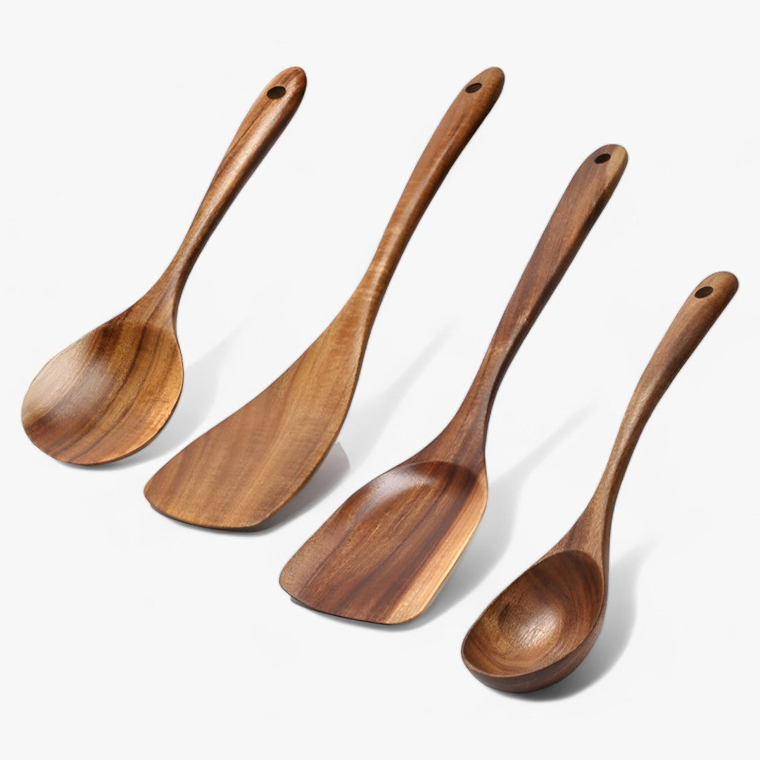 Elegant Teak Wood Kitchen Utensil Set, 7-Piece Natural Luxury Cookware