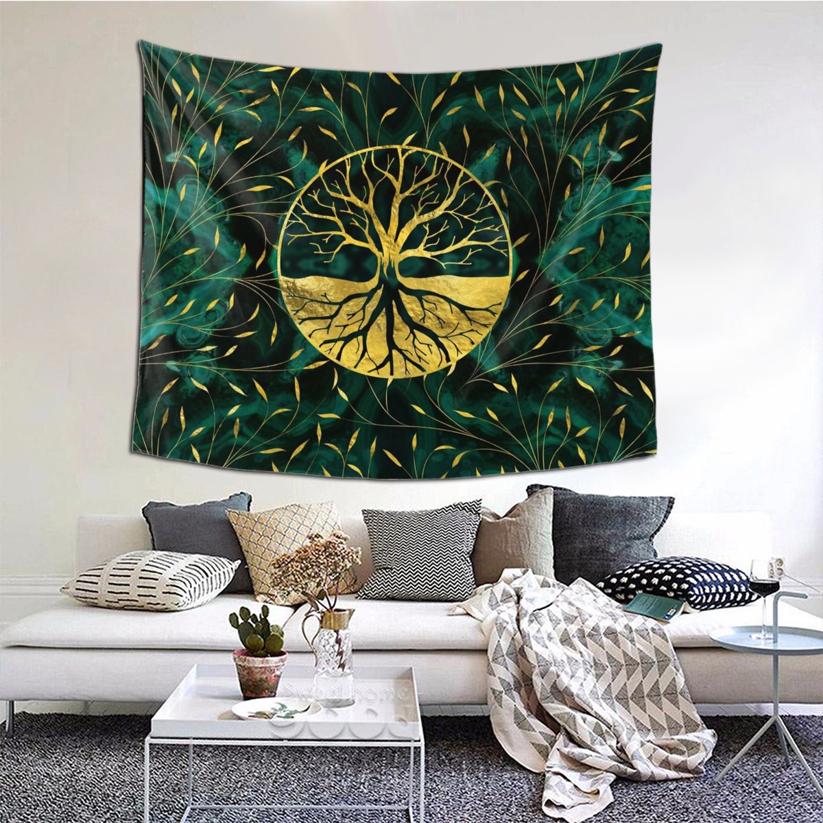 Golden Tree of Life Tapestry with Malachite Design – Boho Wall Decoration for Living Room and Bedroom