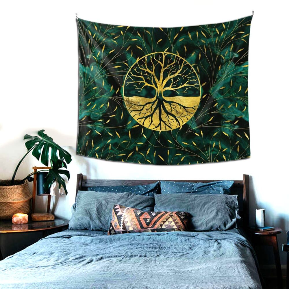 Golden Tree of Life Tapestry with Malachite Design – Boho Wall Decoration for Living Room and Bedroom