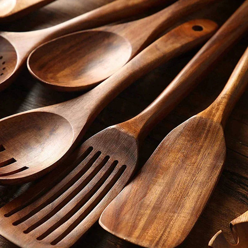 Sustainable Teak Wood Kitchen Utensils Set - Eco-Friendly Cooking Accessories