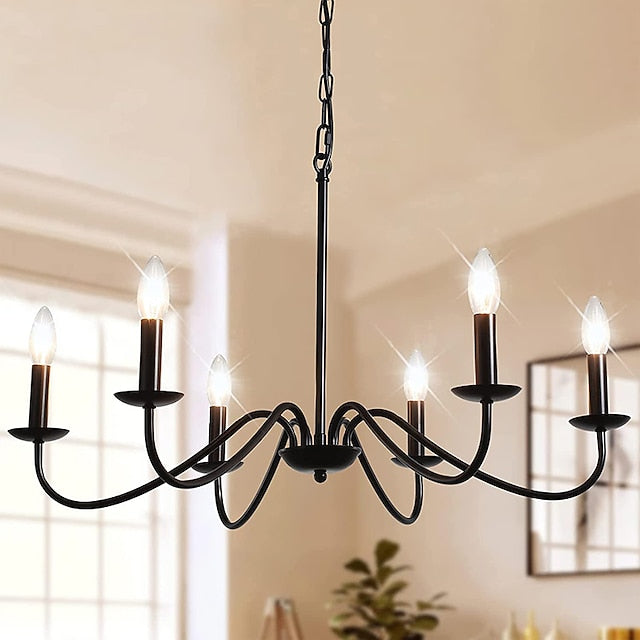 Rustic 6-Light Black Chandelier – Vintage Ceiling Light for Dining Room and Living Room